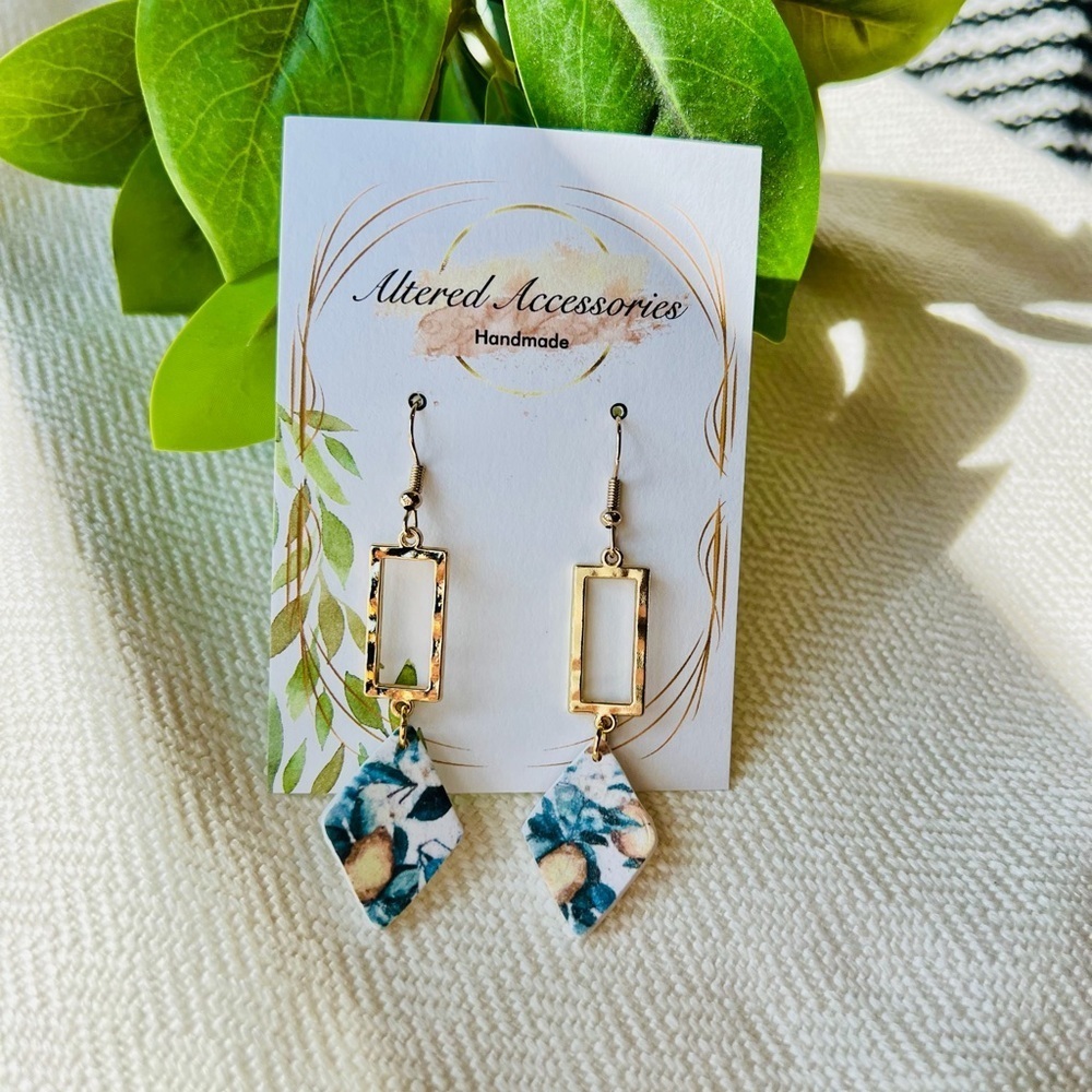 2/$30 Lemon Print Rectangle Dangle Earrings